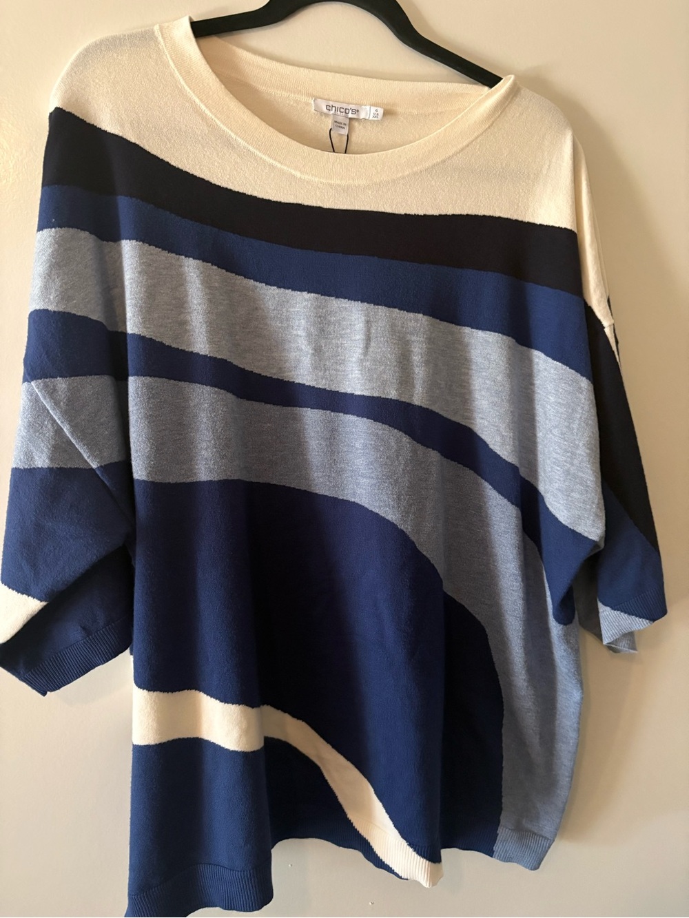 Chico's Cream, Navy & Light Blue Striped Drop-Shoulder Sweater
